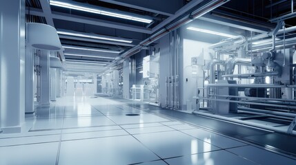 Obraz premium Advanced industrial facility designed for high technology production, featuring complex machinery, clean room architecture, and streamlined processes for innovation and automated manufacturing