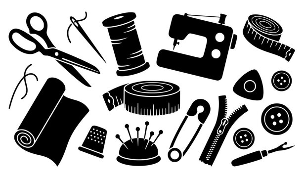Handmade Sewing and Tailoring Element Collection with Silhouette Icons of Scissors, Sewing Machine, Thread Spool, and Fabric for Crafting Workshop Designs