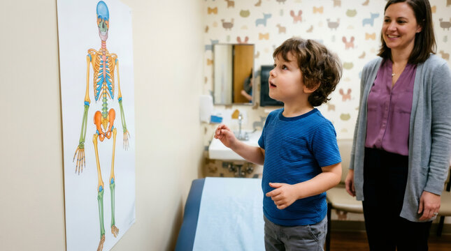Child looking at human skeleton anatomy chart in medical clinic. Woman pediatrician standing with curious boy learning about biology. Healthcare education and wellness checkup concept.
