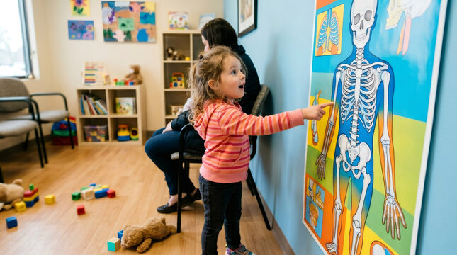 Child girl pointing at human skeleton anatomy chart in pediatric clinic. Curious patient exploring biology model. Healthcare and medical education concept for children in waiting room.