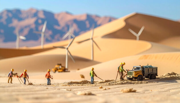Miniature construction workers in a desert landscape with wind turbines