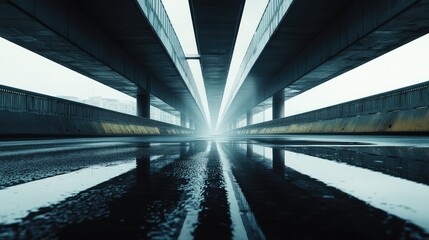 Fototapeta premium Concrete highway bridges creating an abstract architectural perspective over a wet urban road surface, reflecting the bright sky and structures in a misty, industrial atmosphere