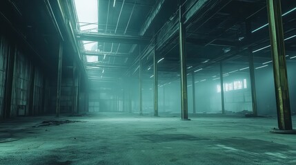 Naklejka premium Derelict factory interior featuring a large open space with support pillars, concrete floor, and atmospheric mist, symbolizing urban decay, emptiness, and post apocalyptic settings