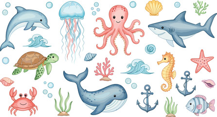 Cute ocean animals vector collection featuring dolphin shark whale octopus turtle crab jellyfish seahorse and marine elements illustration set © Mohammad