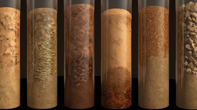 Soil samples carefully arranged in clear test tubes, showcasing distinct layers of earth, sand, gravel, and organic matter for scientific analysis and geological study