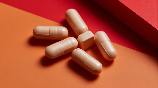 Still life composition of beige capsules and tablets, featuring a single square pill among the oval shapes on a warm orange and red background