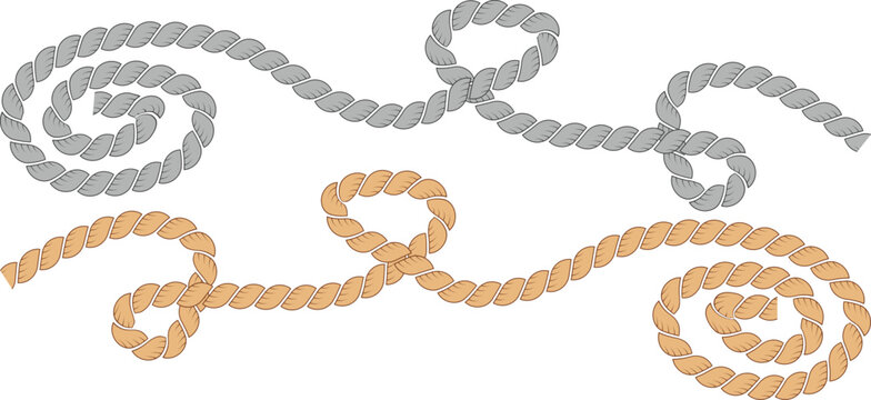 Wavy rope curve set. Repeating hemp cord stripes collection. Wavy loop tie braid bundle.
 