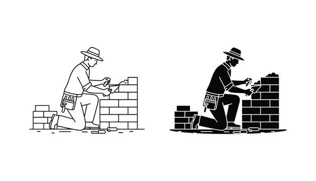 Construction worker laying brick wall with trowel in minimalist vector style for home improvement and building projects