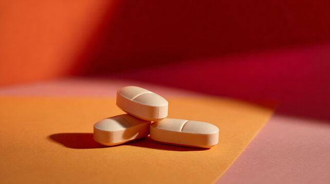 Three oval pills stack on a vibrant colorful surface, illuminated by light and shadow, suggesting health, wellness, and pharmaceutical concepts