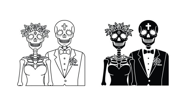Day of the dead skeleton couple wedding portrait with christian cross symbol in festive mexican art style