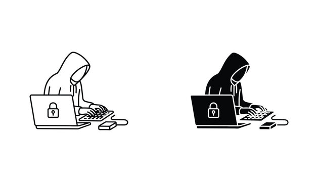 Hacker sitting at laptop computer with security padlock icon representing cybersecurity threats and data protection in minimalist vector line art style