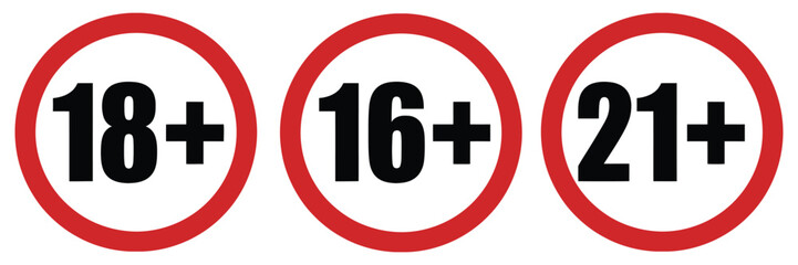 Fototapeta premium Age restriction icons 16+, 18+, 21+ adult content rating symbols set, clear modern design for media classification, streaming platforms, games, films, and online safety labeling systems.