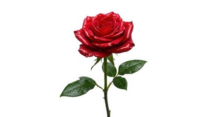 Naklejka premium Vibrant red rose flower with green leaves, elegant long stem rose for romantic celebration, blooming crimson floral blossom for anniversary isolated PNG with Transparent Background