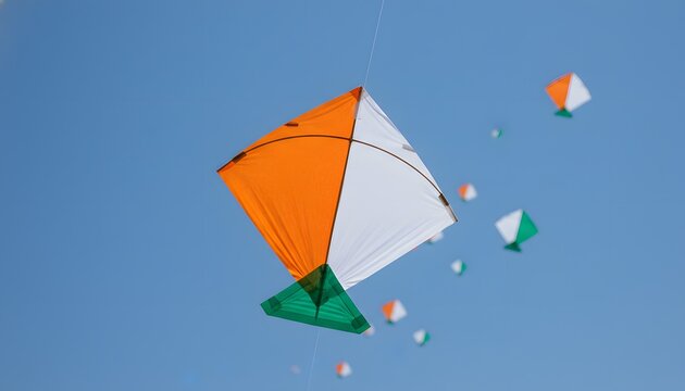 Indian tricolor kites flying high in the clear blue sky for Independence Day celebration representing freedom, patriotism, and national pride concept
