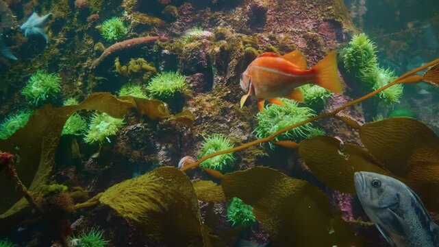 Two black rockfish swim gracefully through a vibrant kelp forest, surrounded by sea anemones and other marine life.