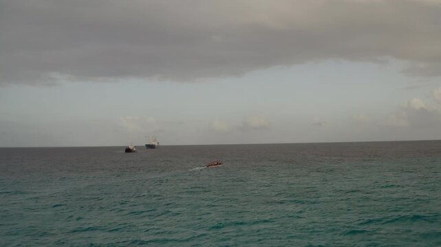 Commercial tuna boats anchored off the coast of Christmas Island in the central Pacific Ocean.