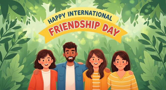 Four kids celebrating international friendship day with robot