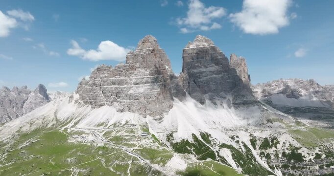 Aerial view of the Tre Cime di Lavaredo in the Sexten Dolomites, Italy