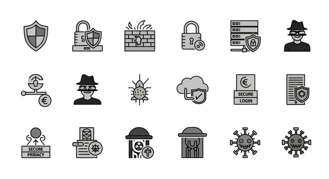 Cybersecurity Icons Collection Representing Digital Safety and Threats.