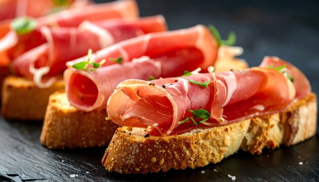 Tostas de pan crujiente con jam&oacute;n curado, tomate fresco y hierbas sobre mesa oscura