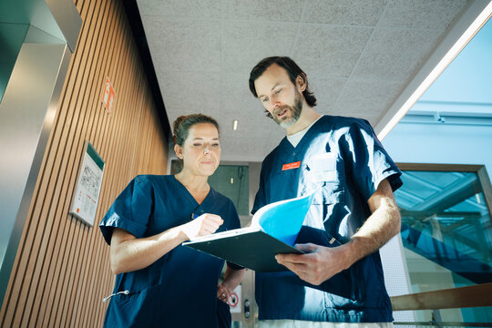Low angle view of male and female doctor analyzing documents in file folder while standing at hospital corridor