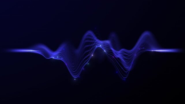 Abstract wave flow data particles. Blue amplitude oscillation background video. Blue digital equalizer diagram. Dark screen for concerts and events. Looping seamless animation graphics.
