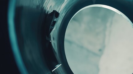 Fototapeta premium Abstract metallic tunnel with circular chrome rings and blue glow, a futuristic portal suggesting technology, data flow, connection and modern industrial design