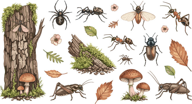 Forest insects vector collection featuring ants beetles spiders grasshoppers mushrooms tree bark leaves and woodland nature illustration set
