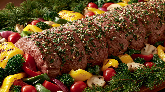 Festive roast beef dinner with grilled vegetables and herbs main course vegetables
