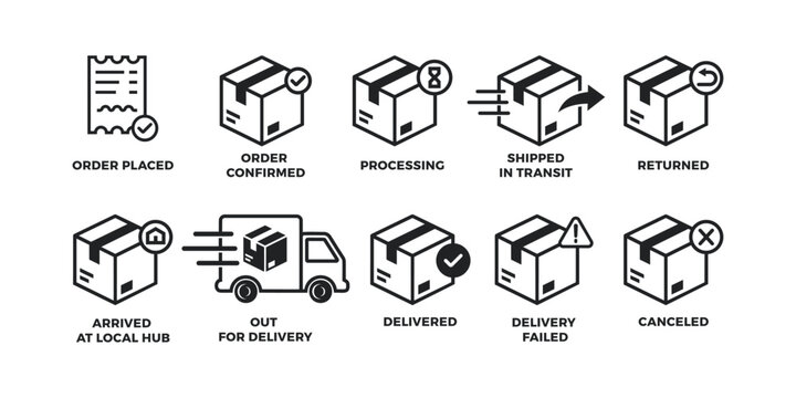 Parcel Delivery Icons Set vector, online shopping icons, web icons, order status icons set.