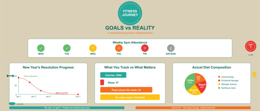 A humorous take on fitness journey goals versus reality with charts and graphs