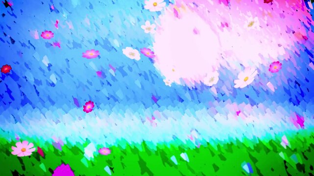 Watercolor floral background with soft light and pastel petals on grass