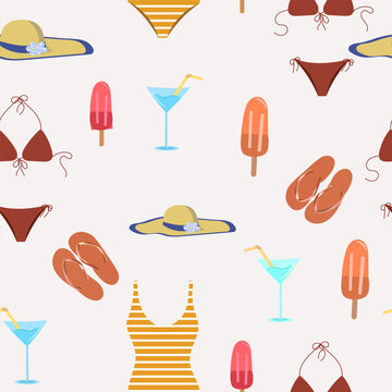 Retro Style Summer Beach Pattern on  Background, Hand Drawn Seamless summer retro pattern with beach accessories on blue background. not AI
