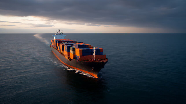 Large cargo container ship sail open ocean with colorful containers on deck, transport goods, global import export, dark cloudy sky during sunset