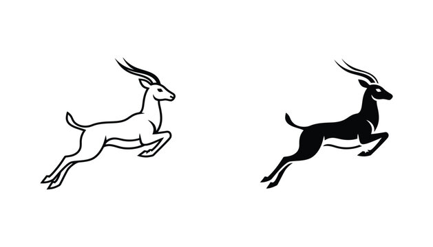Springbok gazelle jumping vector icon set featuring dynamic animal outline and solid black silhouette for wildlife and sports logo design