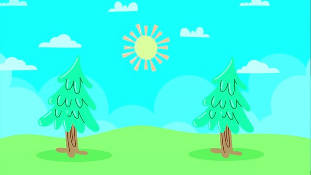 Two cartoon pine trees standing on green hill under sunny sky with clouds
