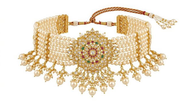 Traditional Indian pearl choker necklace, ornate gold bridal jewelry with emerald and ruby accents, elegant ethnic wedding accessory for women isolated PNG with Transparent Background