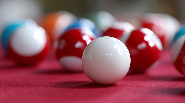 Close-up of a White Cue Ball on a Vibrant Red Pool Table Surface with Colorful Striped and Solid Balls in Soft Focus Background Ready for Play