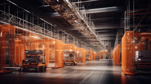 Automated guided vehicles efficiently managing inventory in a modern, smart, and fully optimized high tech factory, showcasing advanced industrial automation and digital factory concepts