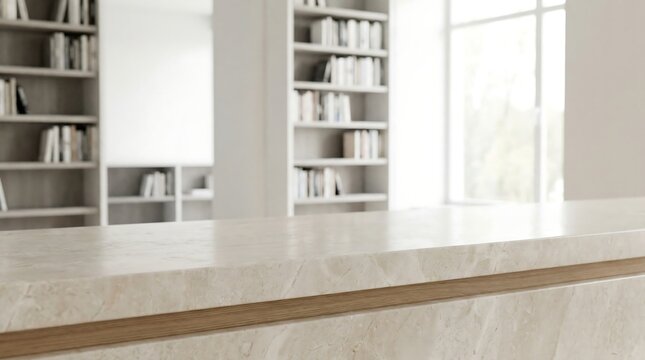 Clean marble countertop with wooden trim and blurred home library background for luxury interior design product mockup and high end home lifestyle photography presentation