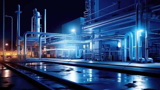Industrial chemical plant exterior working continuously at night, showcasing pipelines, storage tanks, and various engineering structures under blue artificial lighting and atmospheric conditions