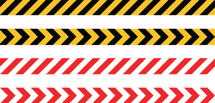 Barricade tape caution warning stripes, red white and black yellow diagonal striped pattern, seamless repeatable illustration, high visibility hazard design for safety signage construction zones 
