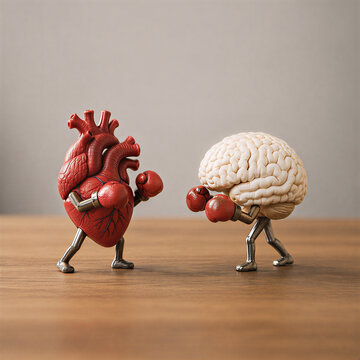 Human heart and brain boxing concept representing emotion versus logic