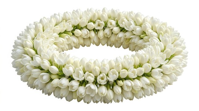 Traditional jasmine flower garland, white jasmine blossoms woven into a circular wreath, fragrant floral lei for religious ceremonies and festivals isolated PNG with Transparent Background