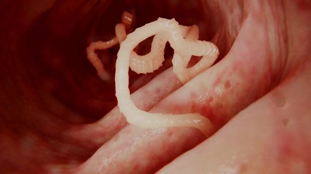 3D Animation of Tapeworms Parasites Moving Inside Human Intestine Colon Medical Concept