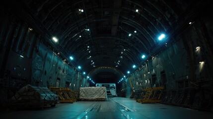 Fototapeta premium Palletized cargo being loaded into the interior of a large military transport aircraft, emphasizing global logistics, supply chain operations, and air freight during distribution