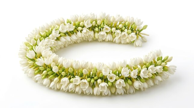 Traditional jasmine flower garland, white jasmine buds in a floral lei, fragrant jasmine wreath for religious ceremony or wedding decoration