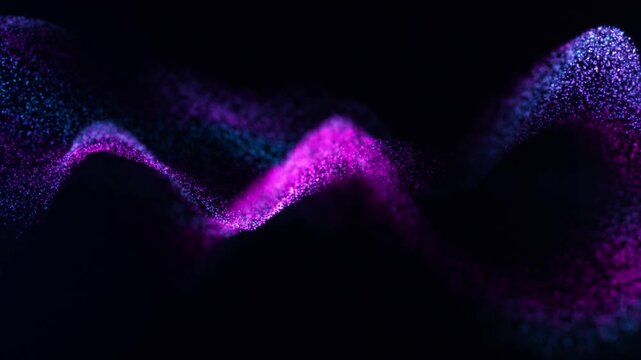 Abstract flow glowing neon particles forming smooth wave motion. Blue and pink digital light stream soft luminous dots. Vibrant particle wave shaping fluid  landscape dark background. Seamless looping