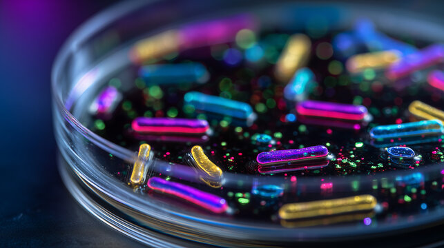 This macro close up image showcases a vibrant and colorful view of glowing cocci bacteria on a petri dish captured under UV fluorescence
