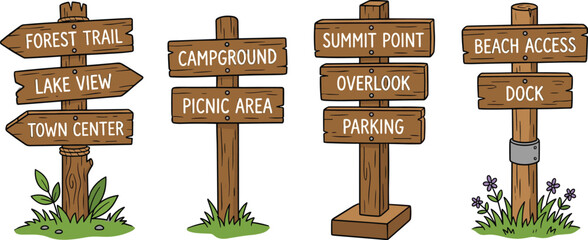 wooden signpost icons set with outdoor directions for websites and apps © Jami